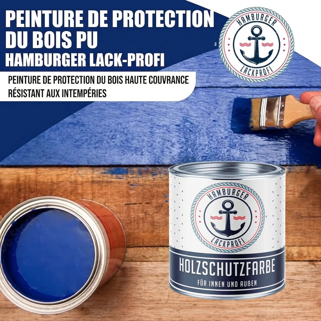 Peinture bois bleue "Hamburger Lack-Profi Holzschutzfarbe" appliquée au pinceau sur du bois.