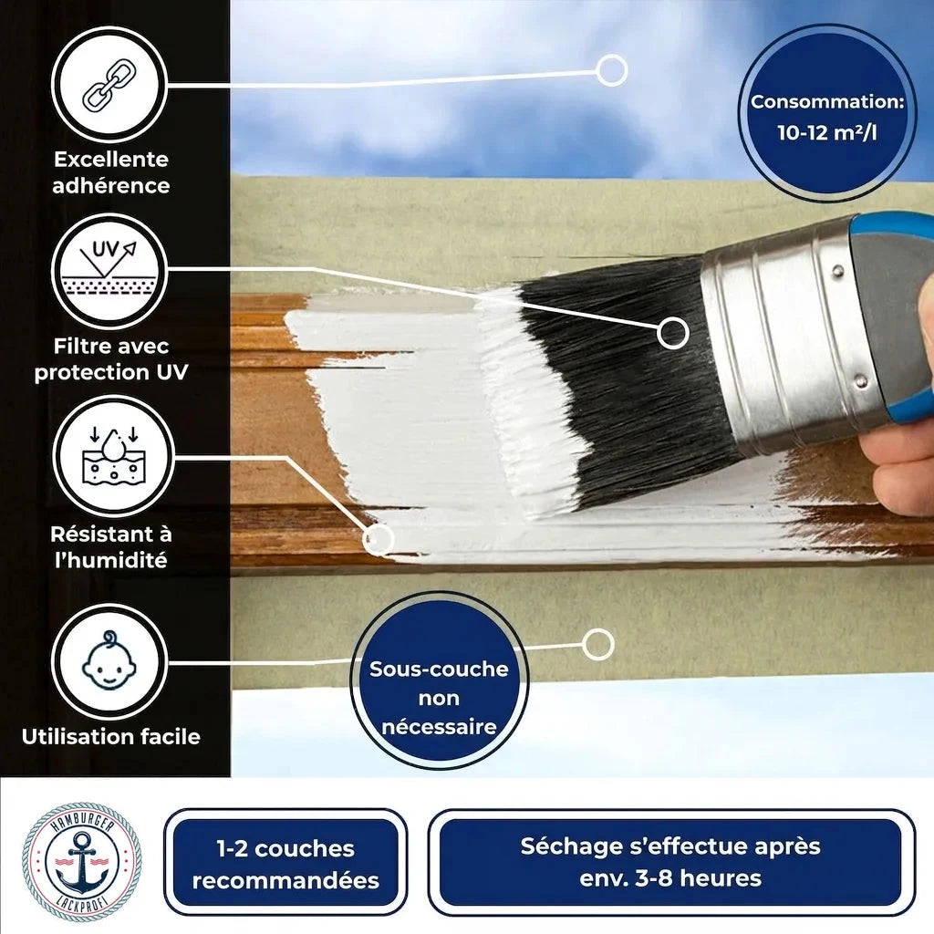 Application de peinture blanche sur bois avec pinceau. Caractéristiques : adhérence, UV, humidité, facile, pas d'apprêt.