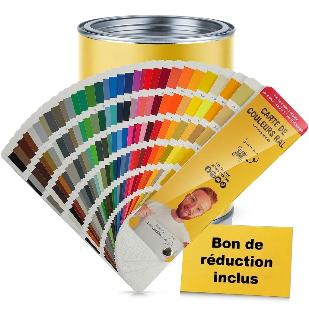 Pot de peinture jaune, nuancier de couleurs RAL varié et bon d'achat. Idéal pour sélectionner la teinte parfaite.