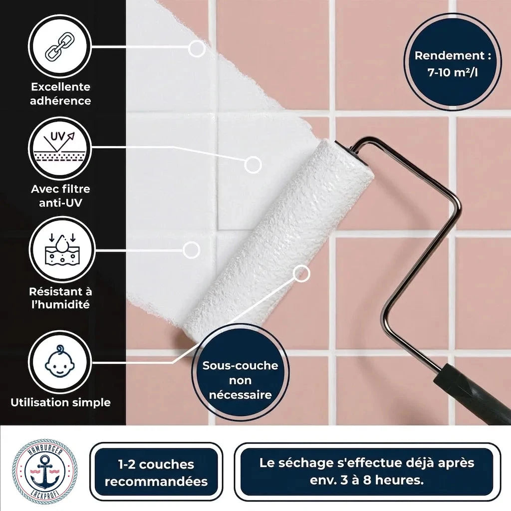 Peinture blanche appliquée sur carrelage rose avec rouleau. Liste des caractéristiques produit et instructions en allemand.