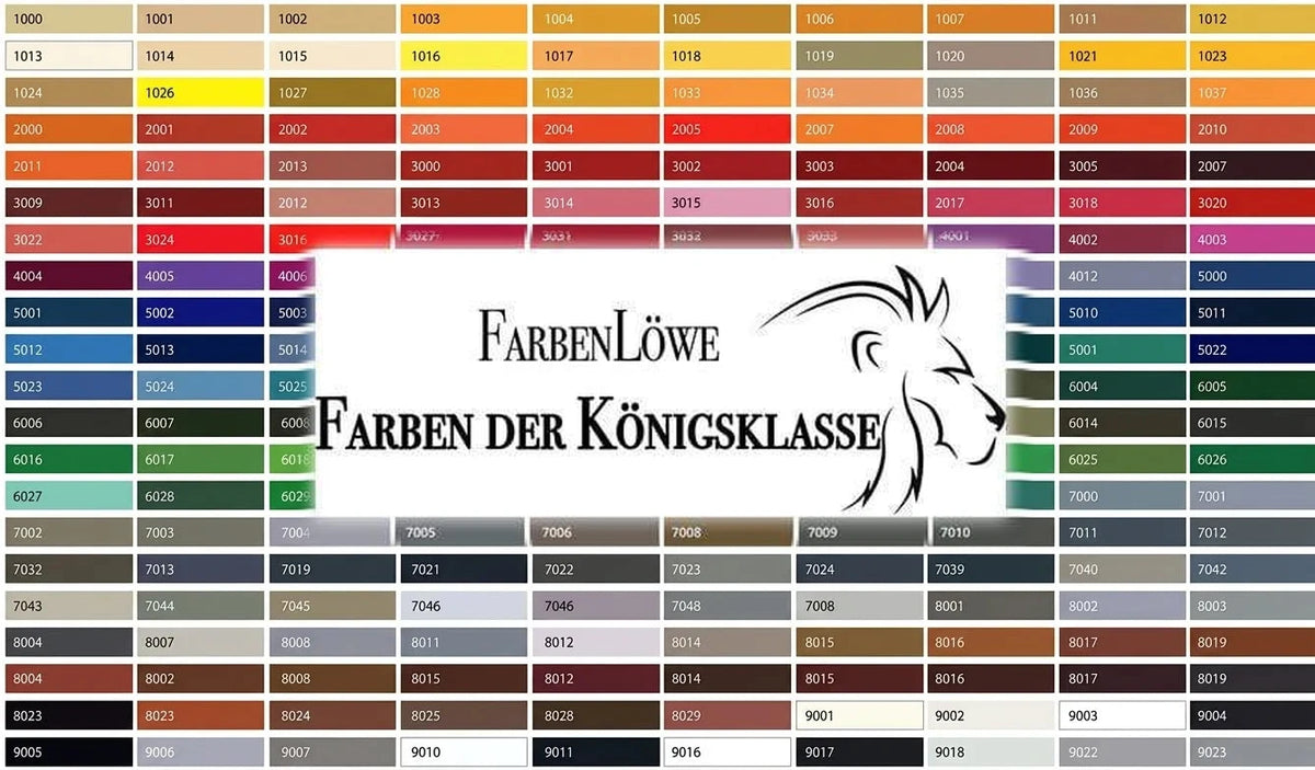 Nuancier de couleurs FarbenLöwe 'Farben der Königsklasse' avec des codes RAL pour peinture.