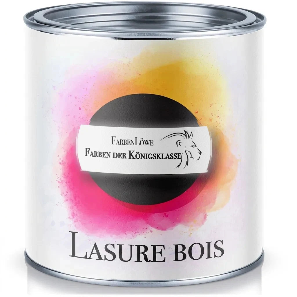 Pot de lasure bois FarbenLöwe, couleurs de classe royale sur fond blanc avec éclaboussures colorées.