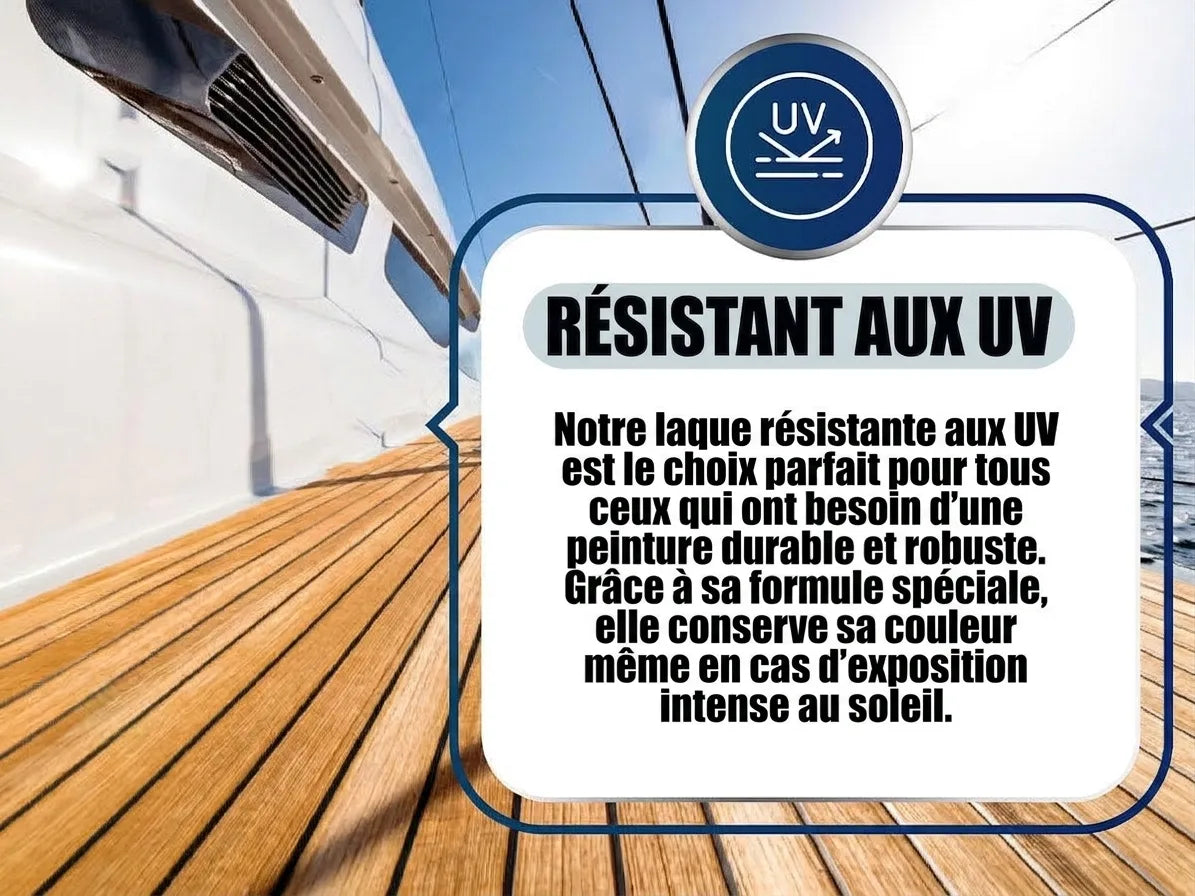 Peinture ou vernis UV-résistant pour extérieur, durable et couleur stable sous un soleil intense. Texte allemand.