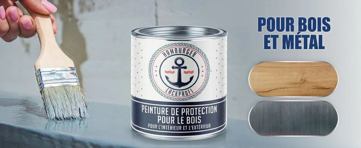 Peinture de protection pour bois et métal (intérieur/extérieur), avec pot de peinture et pinceau.