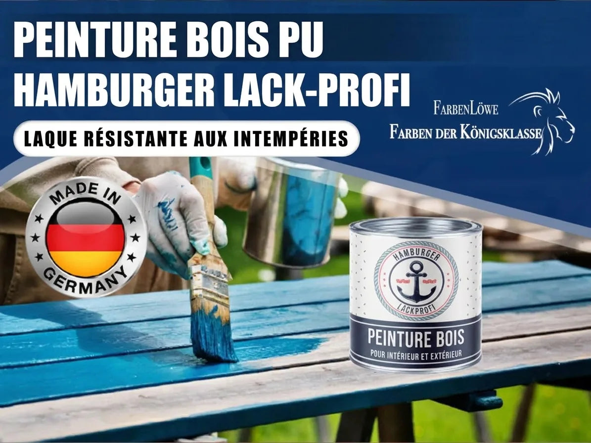 Peinture bois PU Hamburger Lack-Profi, résistante, int/ext, Made in Germany. Peintre applique laque bleue.