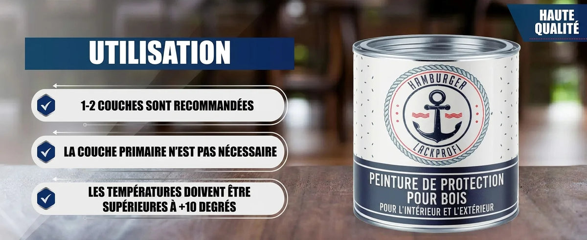 Pot de peinture bois Hamburger Lackprofi (intérieur/extérieur), haute qualité. Conseils: 1-2 couches, sans apprêt, min +10°C.