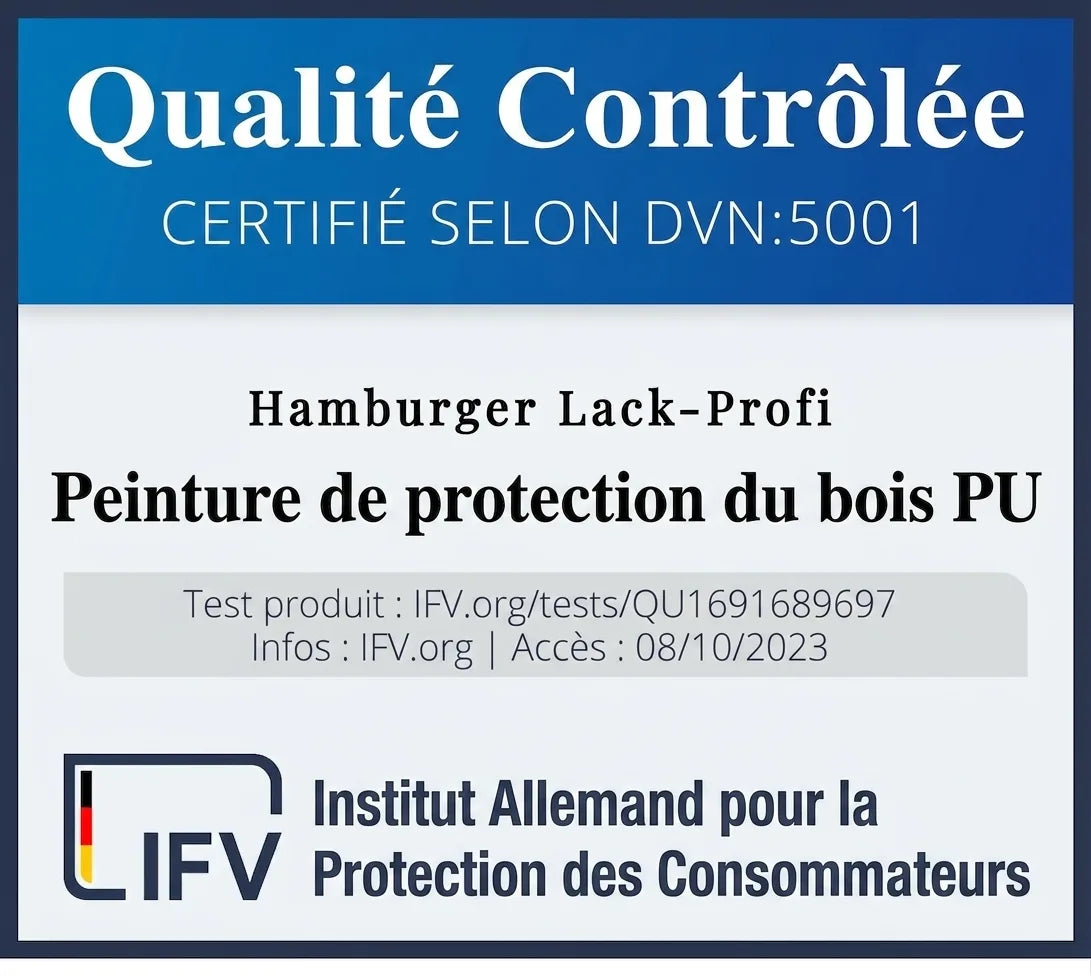 Label qualité IFV: peinture de protection bois PU Hamburger Lack-Profi, certifiée selon DVN:5001.