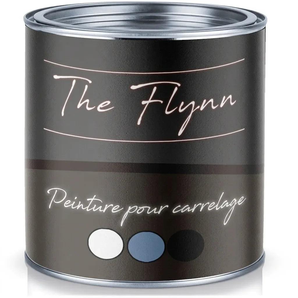 Pot de peinture The Flynn pour carrelage avec des échantillons de couleur blanc, bleu et noir.