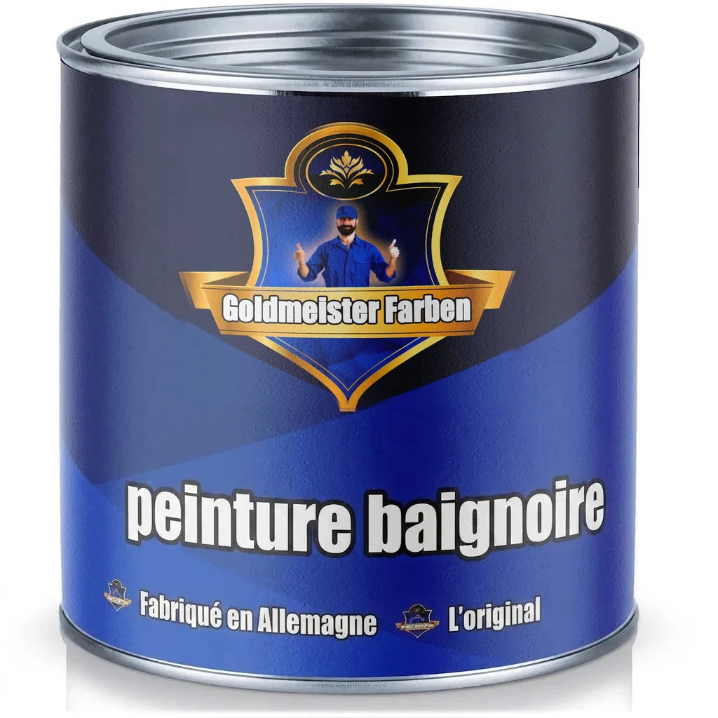 Pot de peinture bleu 'Goldmeister Farben' pour baignoire, avec un homme en salopette faisant les pouces en l'air. Made in Germany.