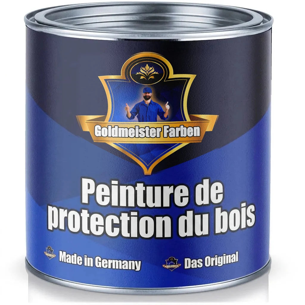 Pot de peinture Goldmeister Farben Holzschutzfarbe, étiquette bleue, texte "Made in Germany" et logo d'un homme.