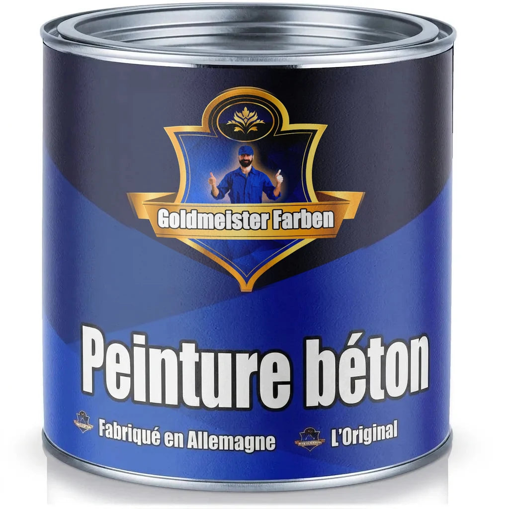 Pot de peinture bleue Goldmeister Farben pour béton, avec un homme faisant un pouce levé, fabriqué en Allemagne.