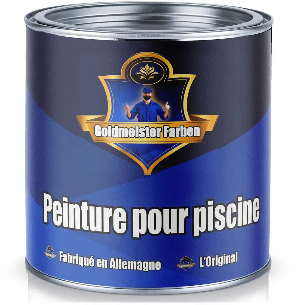 Bidon de peinture bleue Goldmeister Farben pour piscine avec un homme aux pouces levés, "Made in Germany".