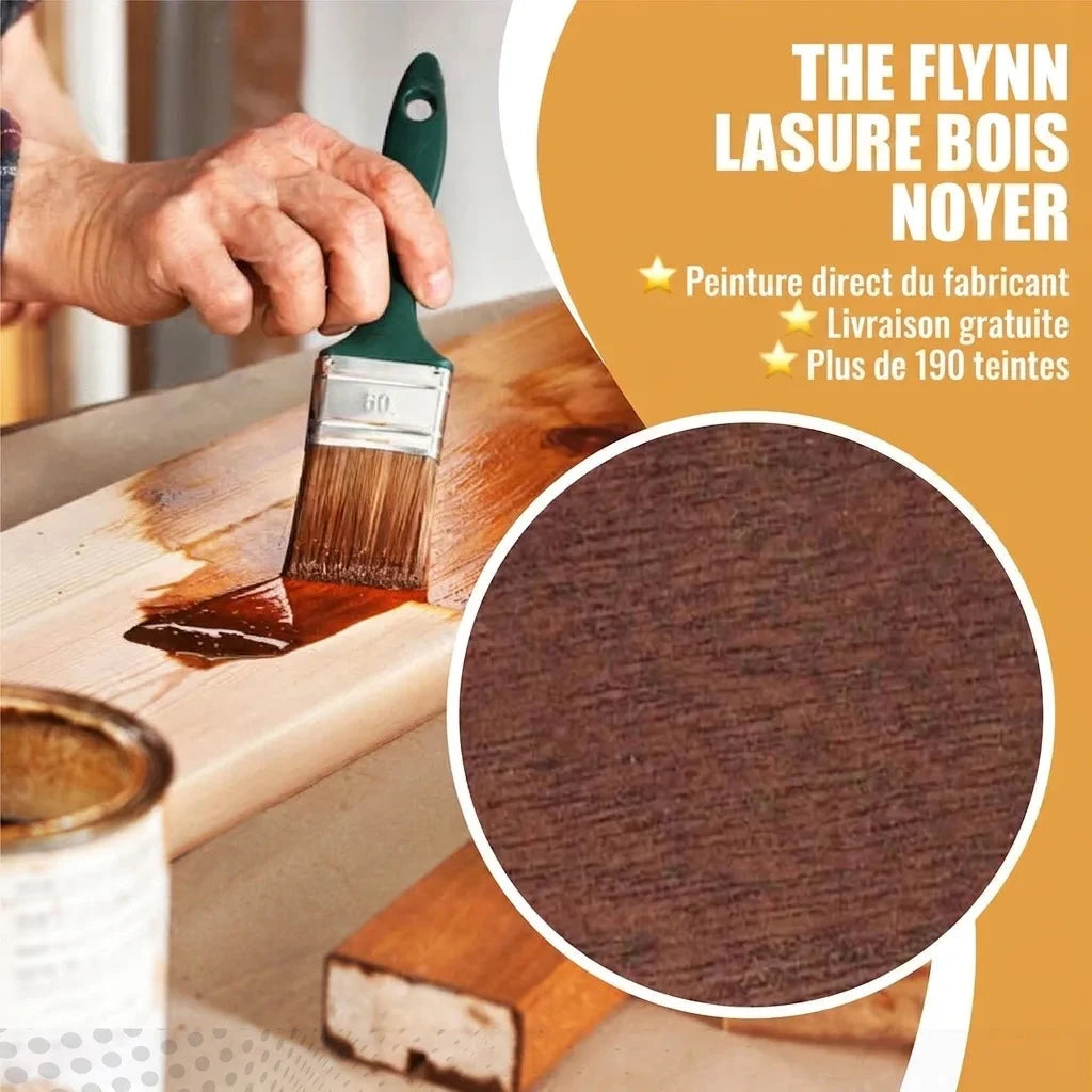 Publicité pour la lasure à bois The Flynn couleur noyer. Une main l'applique au pinceau sur une planche.