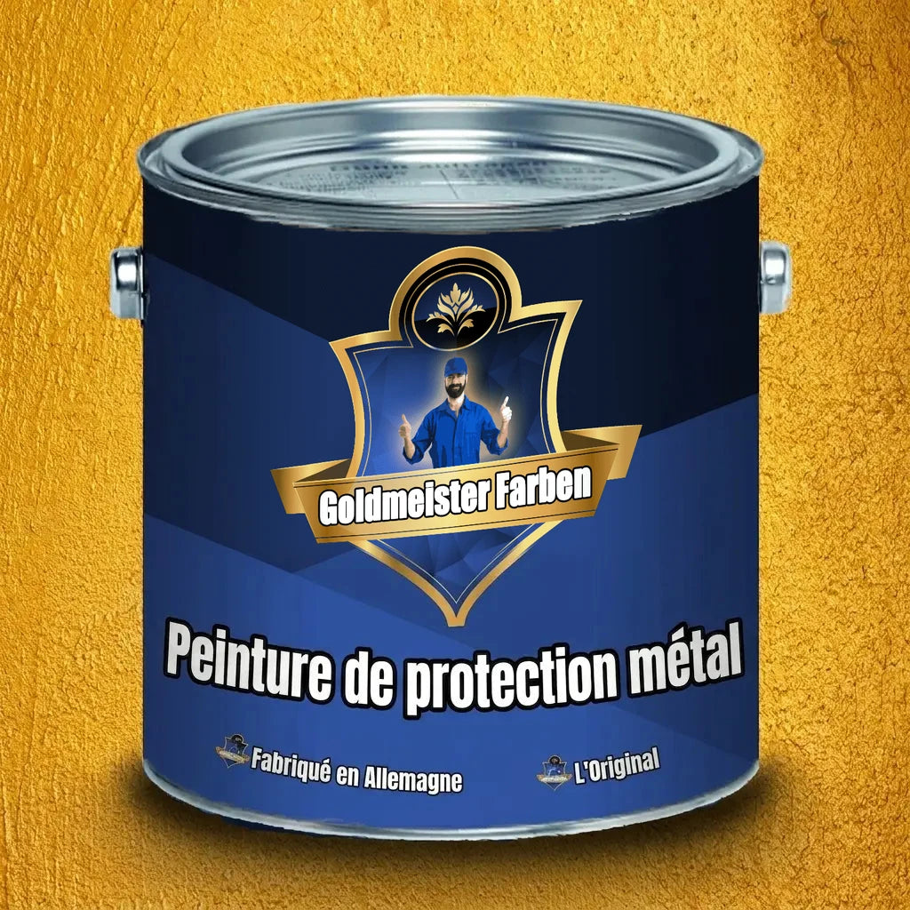 Pot de peinture métal bleue Goldmeister Farben, inscription 'Metallschutzfarbe' (protection métal) et 'Made in Germany'.