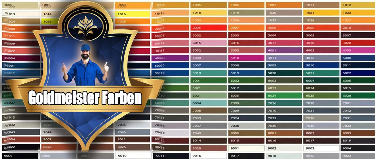 Nuancier Goldmeister Farben : palette de couleurs avec codes numériques et homme souriant au premier plan.