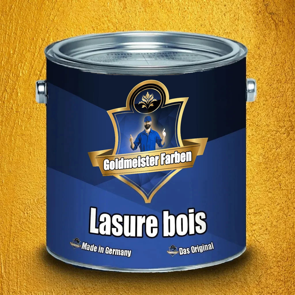 Bidon de peinture bleu et or Goldmeister Farben pour lasure bois, avec texte 'Holzlasur', 'Made in Germany'.