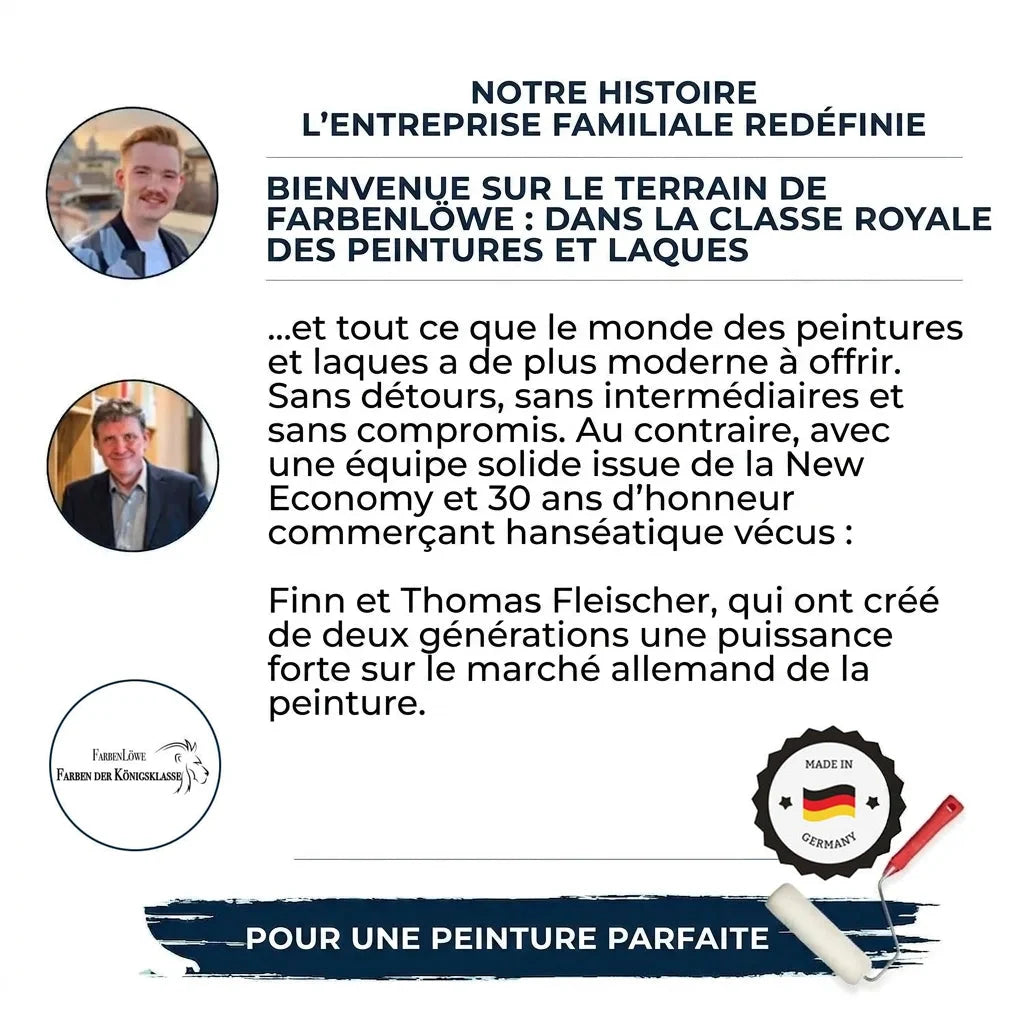 Texte allemand présentant Farbenlöwe, entreprise familiale de peinture, avec photos des fondateurs et logo.