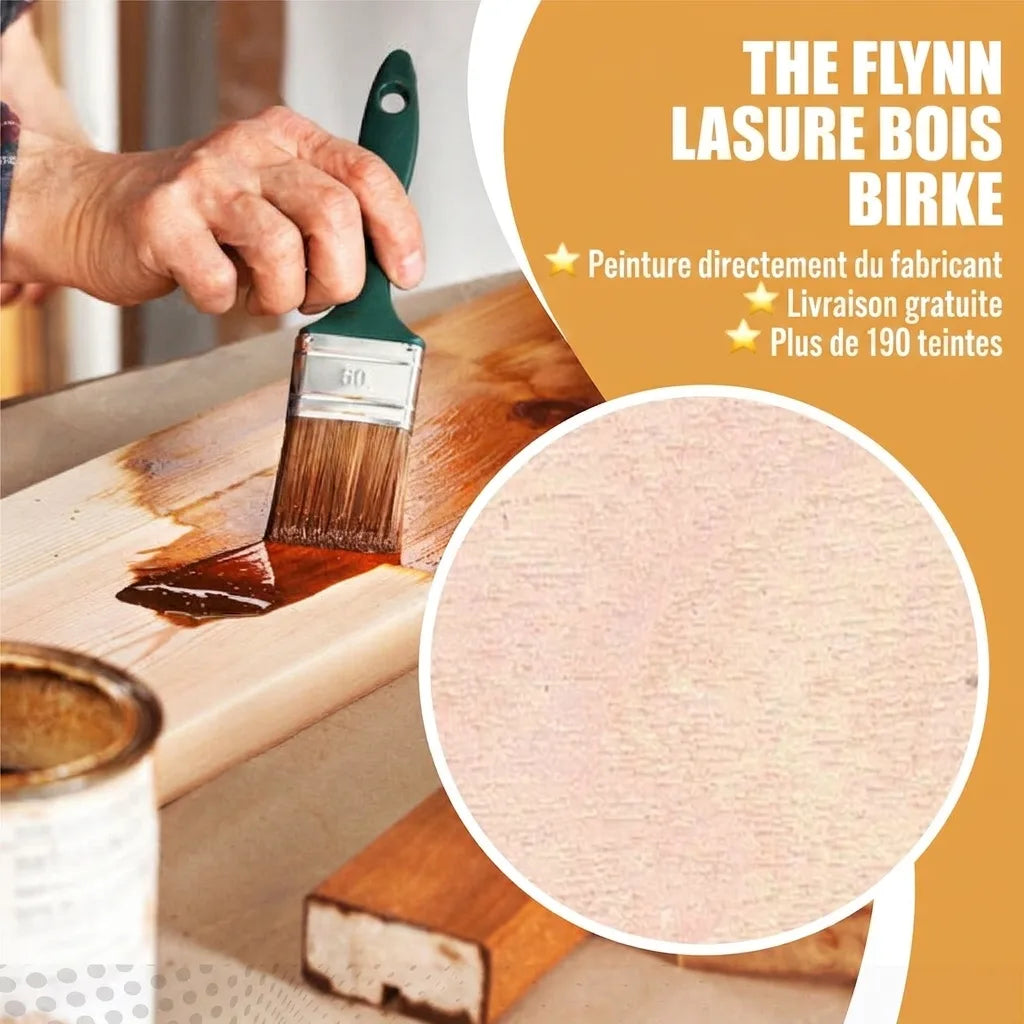 Image promotionnelle pour lasure bois Flynn, couleur bouleau, livraison gratuite, plus de 190 teintes.