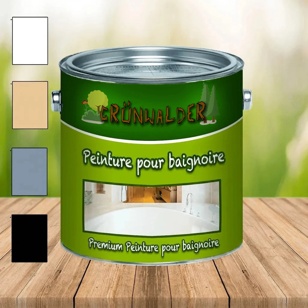 Pot de peinture Grünwalder premium pour baignoire avec échantillons de couleurs et image d'une baignoire.