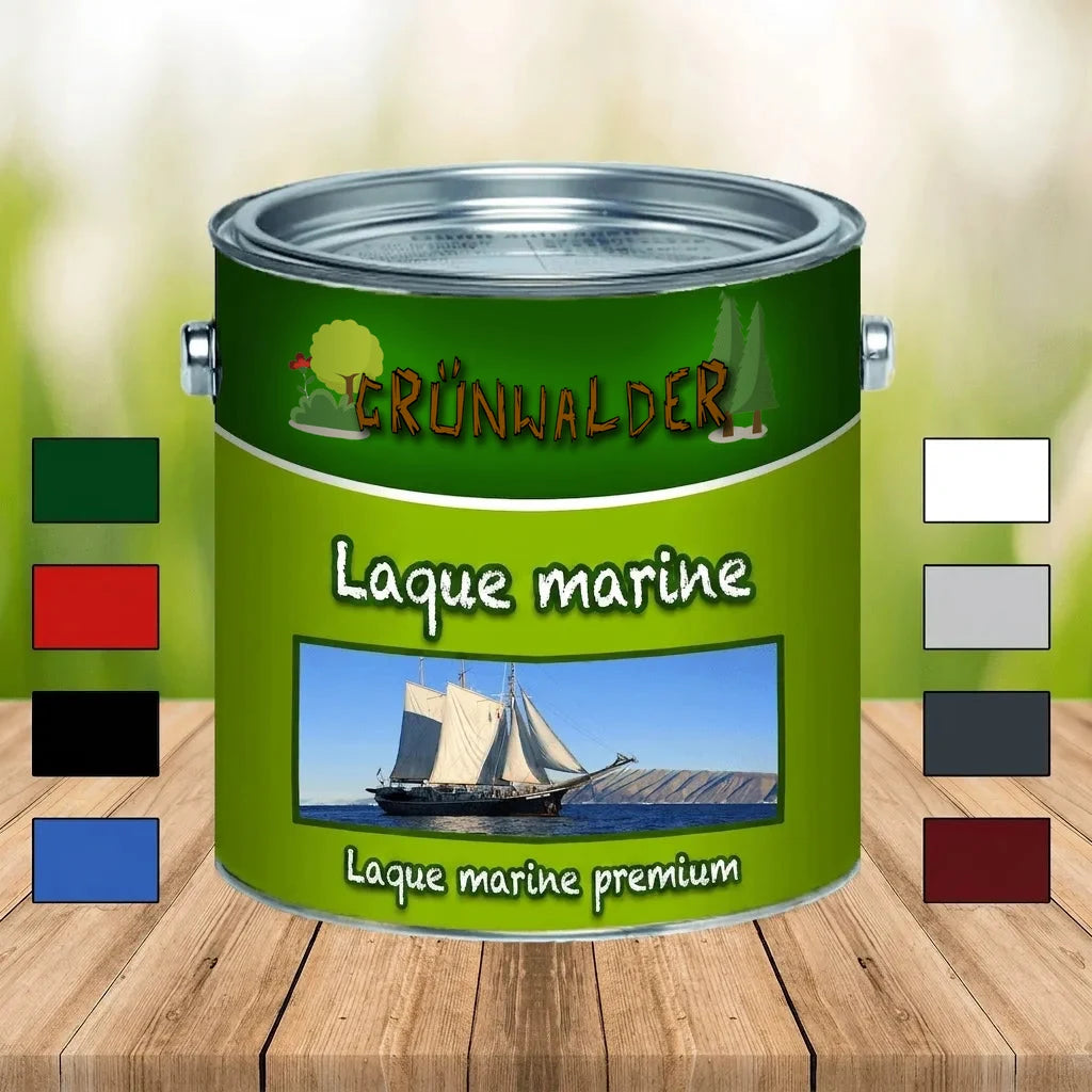 Pot de peinture Grünwalder Bootslack premium pour bateaux, avec échantillons de couleurs et logo.