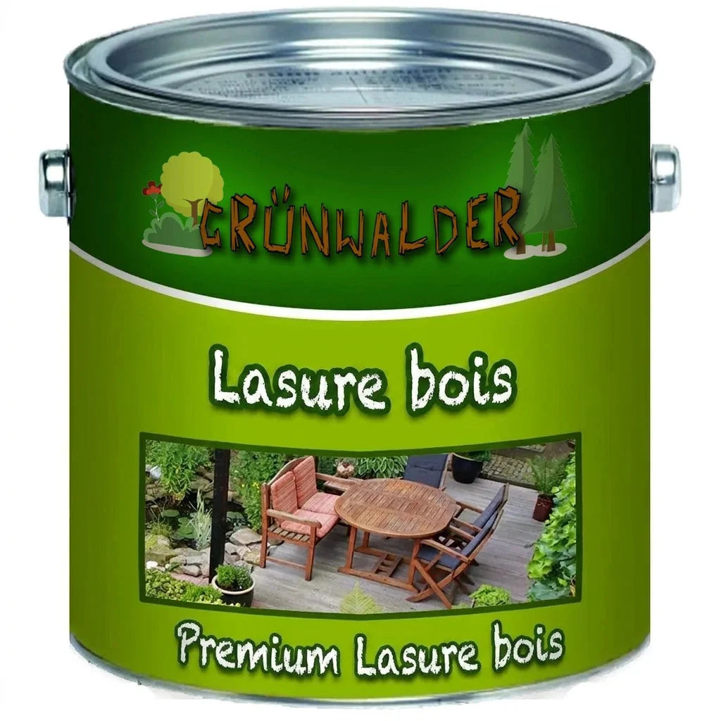 Pot de lasure bois Premium Grünwalder vert avec image de mobilier de jardin en bois.