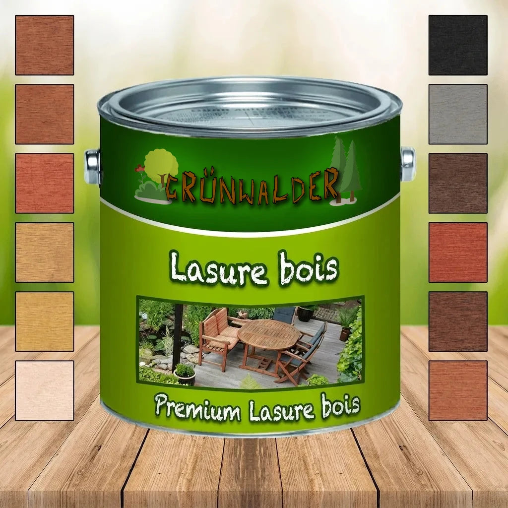 Pot de lasure bois Grünwalder Premium avec nuancier de teintes et exemple d'application sur terrasse.