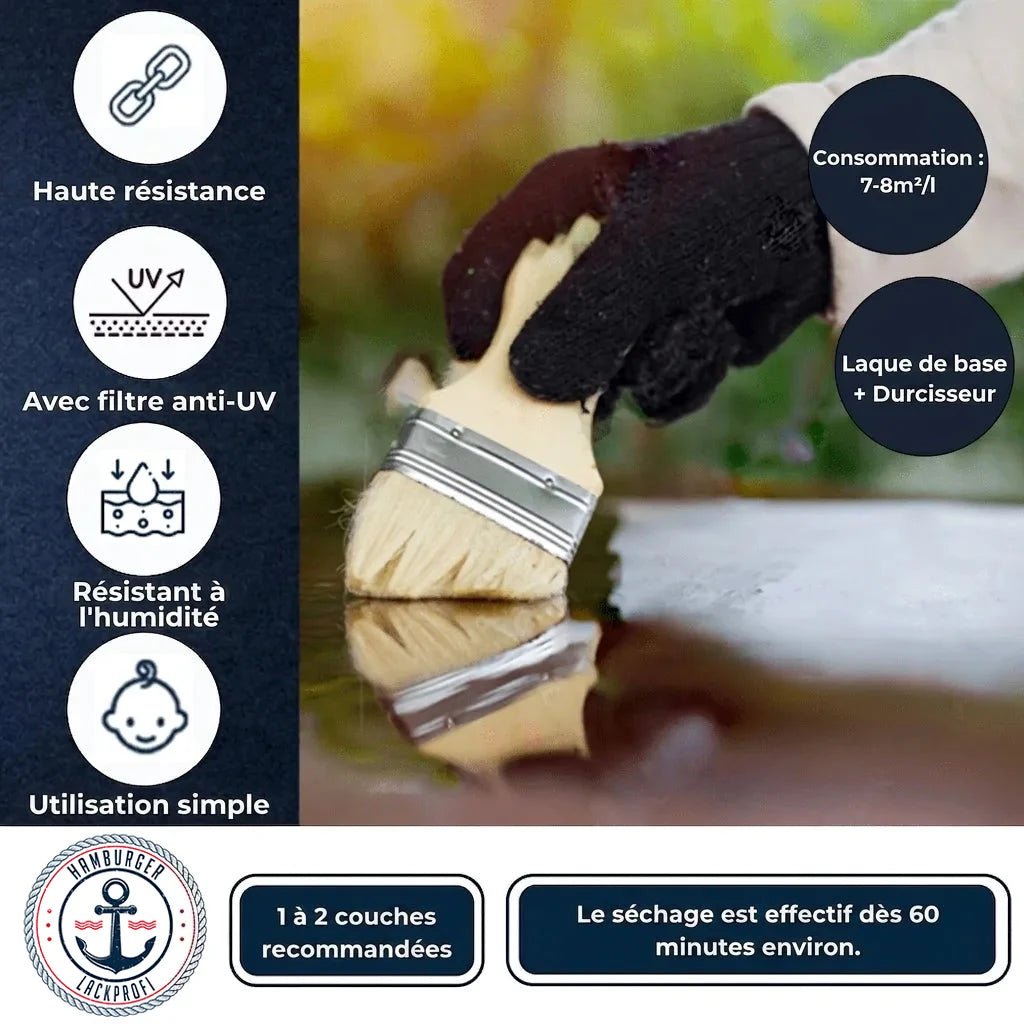 Application de peinture. Infos: durable, anti-UV, résistant humidité, facile, séchage rapide (60 min), consommation.