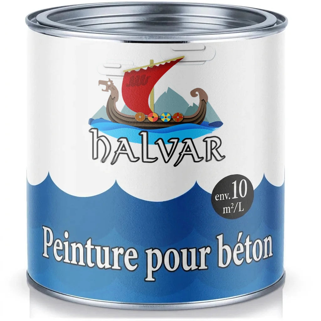 Pot de peinture béton HALVAR, avec un drakkar et l'indication de couverture d'environ 10 m²/L.