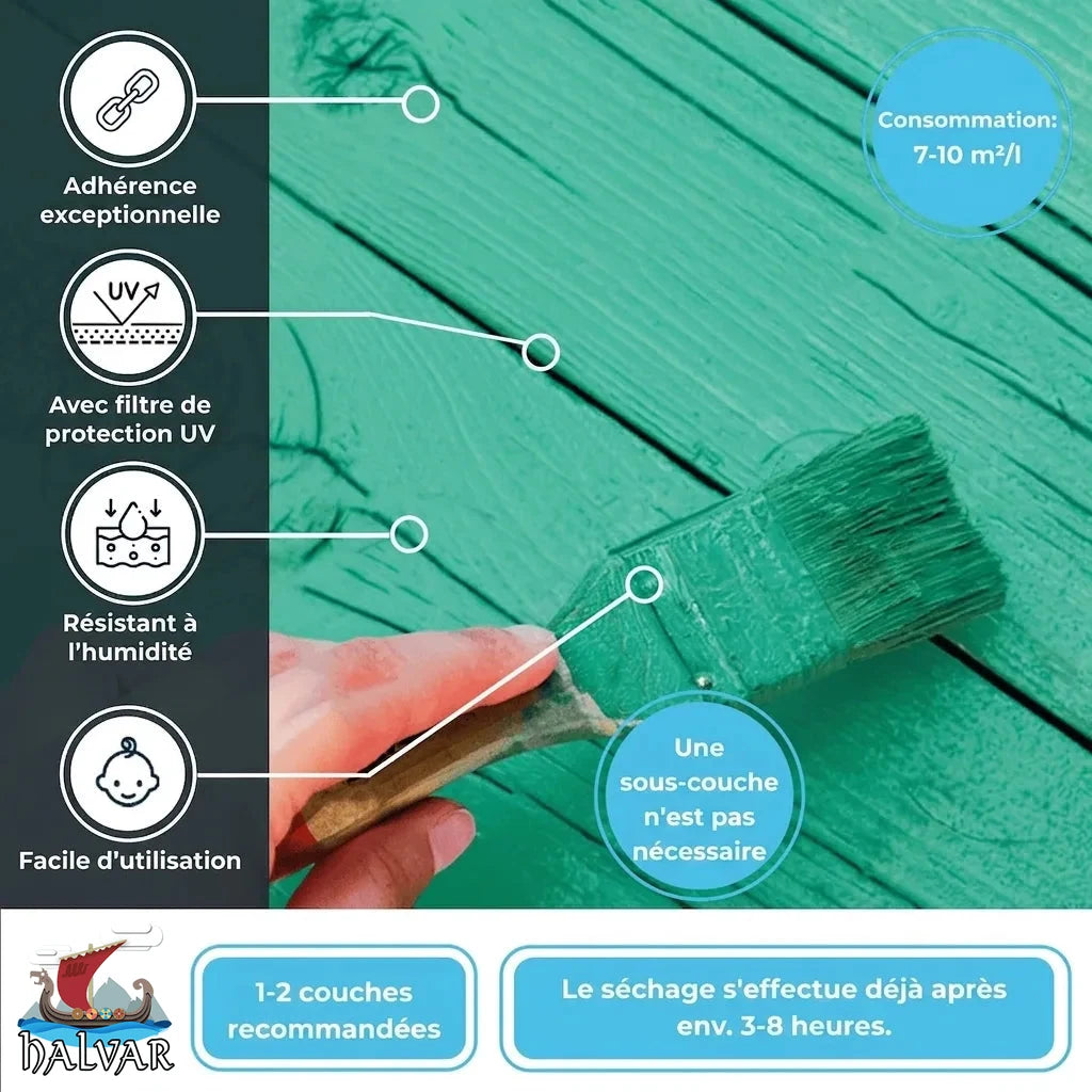 HALVAR peinture pour bois vert sarcelle : excellente adhérence, filtre UV, résiste à l'humidité, facile d'utilisation.