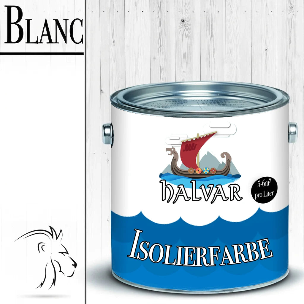 Pot de peinture "HALVAR Isolierfarbe" avec un drakkar, marque BLANC.