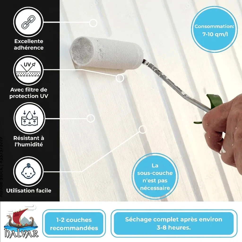 Peinture Halvar sur bois: forte adhérence, anti-UV, étanche, facile. Sans apprêt, 1-2 couches, sèche en 3-8h.