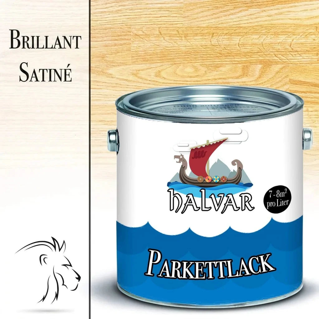 Pot de peinture "Halvar Parkettlack" pour parquet, finition "Brillant Satiné", avec logo lion.