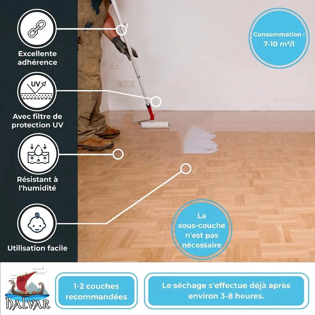 Personne appliquant un revêtement sur un parquet, avec les caractéristiques du produit et les instructions.