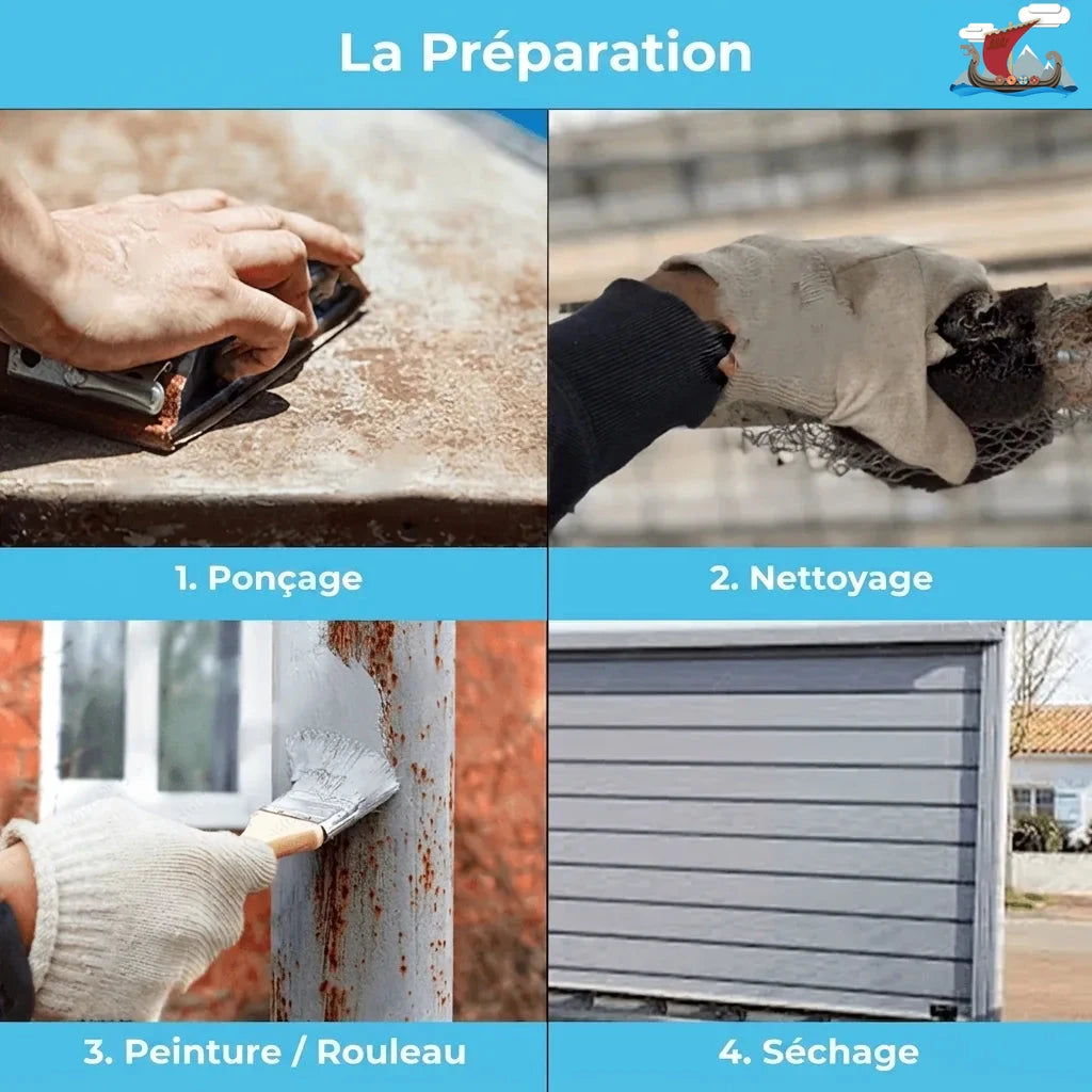 Étapes de préparation pour la peinture : ponçage d'une surface rouillée, nettoyage, application de peinture au pinceau, et séchage d'une por