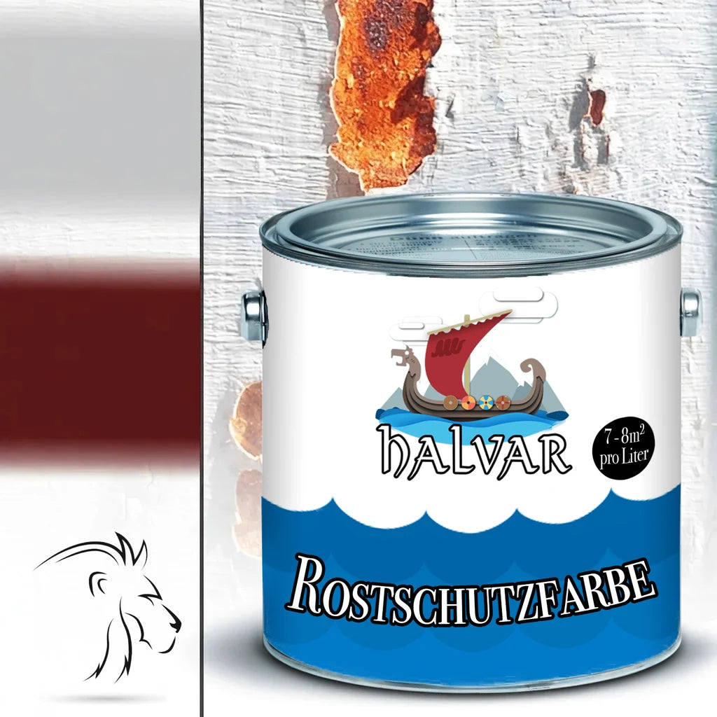 Pot de peinture Halvar "Rostschutzfarbe" rouge-brun avec logo de drakkar, fond rouillé.