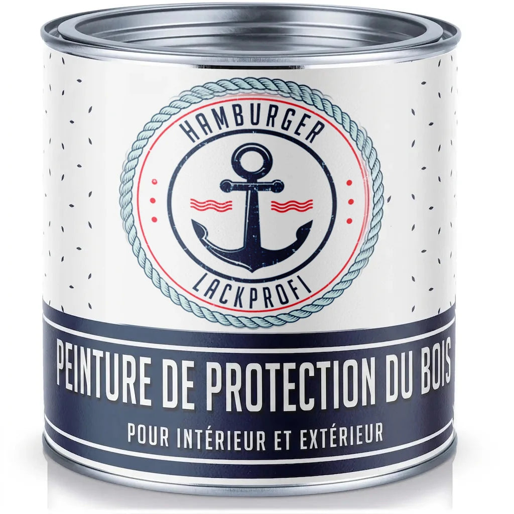 Pot de peinture blanche Hamburger Lackprofi pour bois, intérieur et extérieur, avec logo ancre marine.