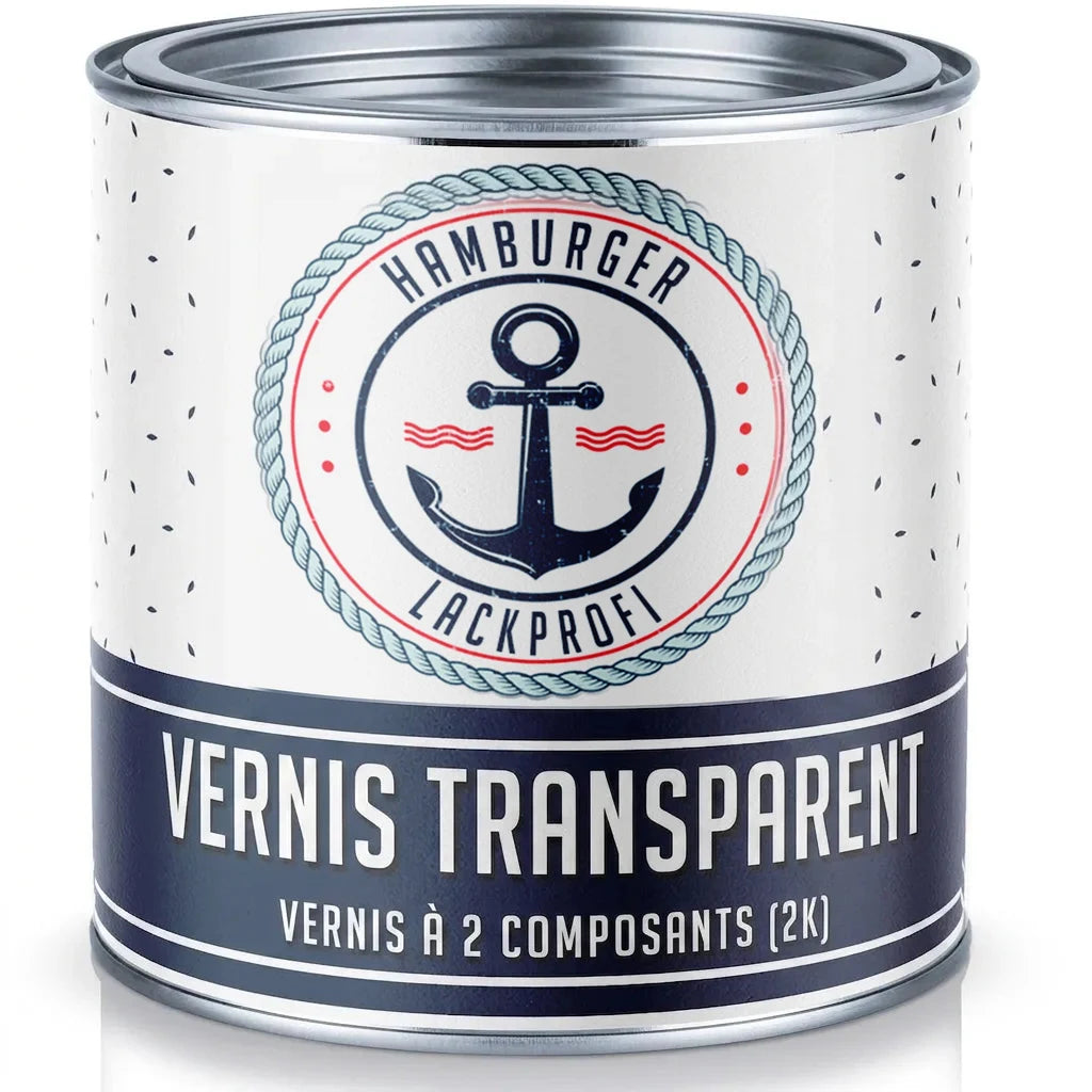 Pot de vernis transparent bi-composant Hamburger Lackprofi avec un logo d'ancre marine.