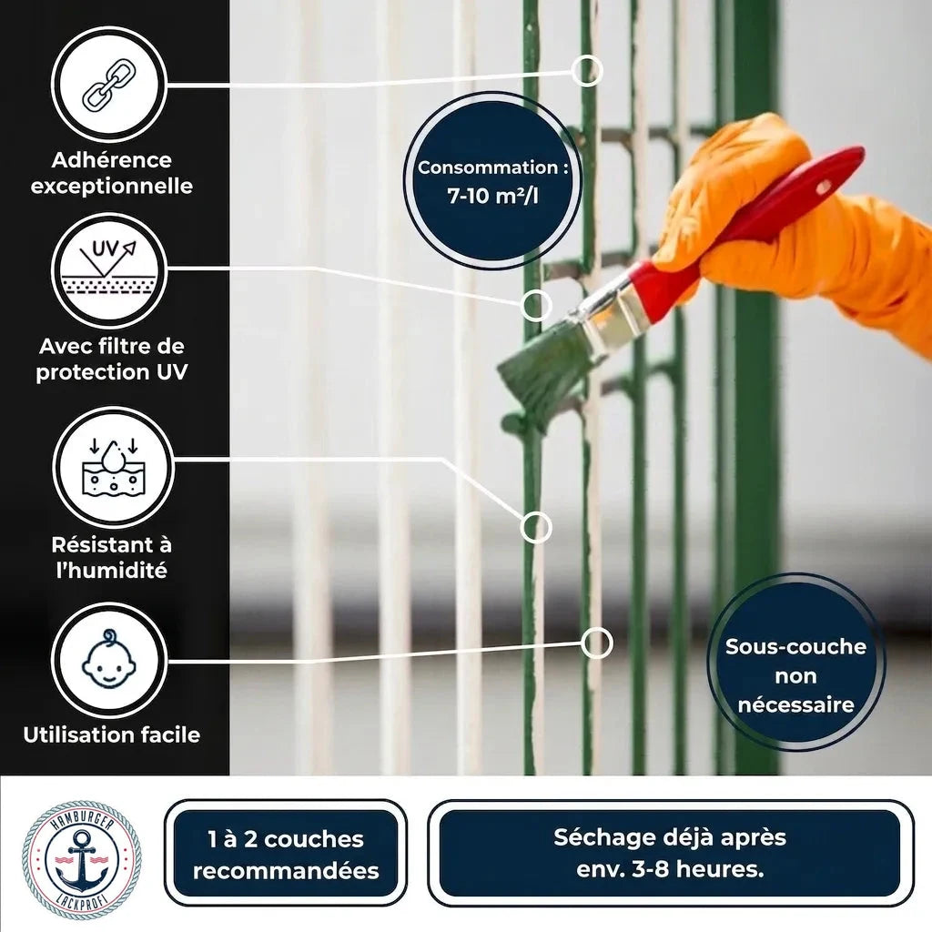 Infographie sur l'application et les caractéristiques d'une peinture : adhérence, UV, humidité, facilité, séchage rapide.