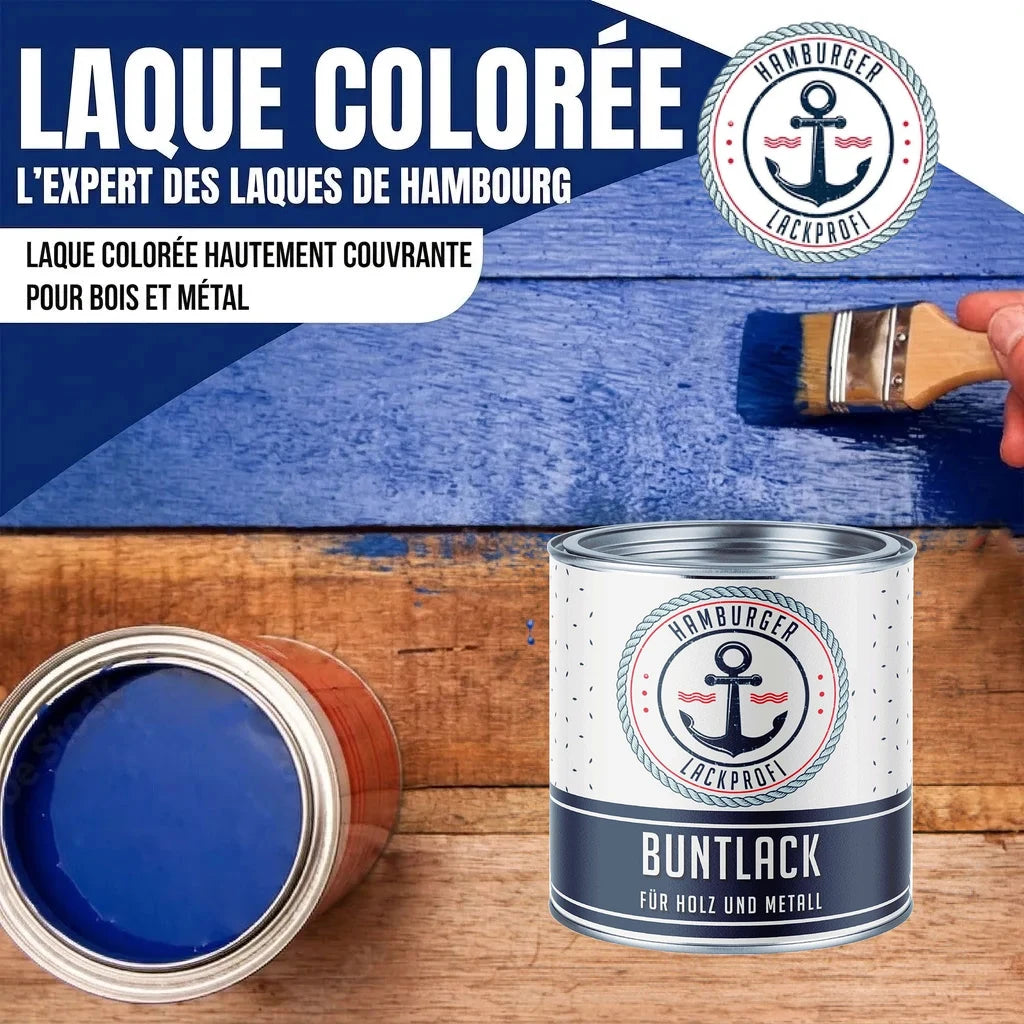 Peinture bleue Hamburger Lackprofi "BUNTLACK FÜR HOLZ UND METALL" sur bois, avec pinceau.