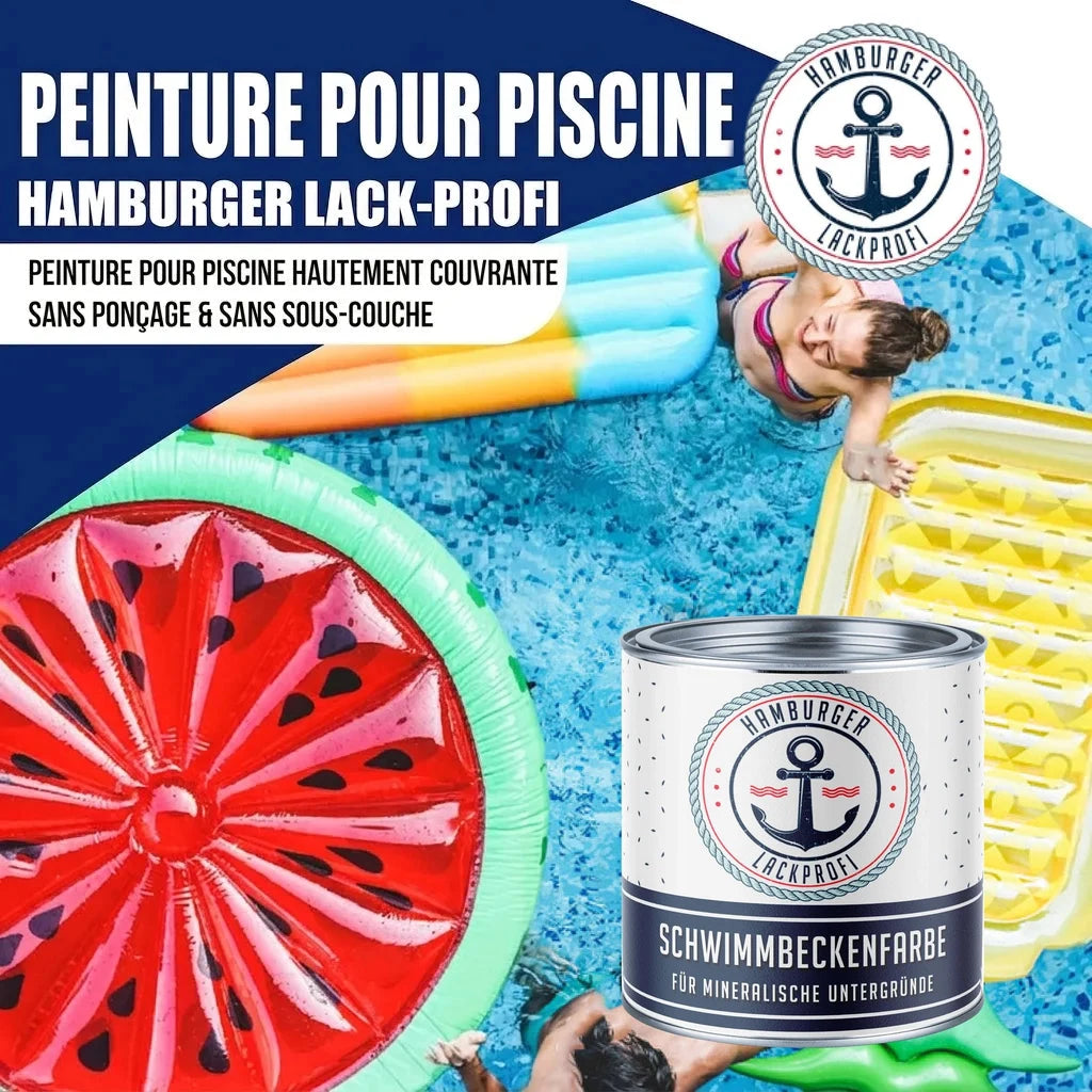 Peinture pour piscine Hamburger Lack-Profi. Femme dans une piscine avec bouées et pot de "SCHWIMMBECKENFARBE".
