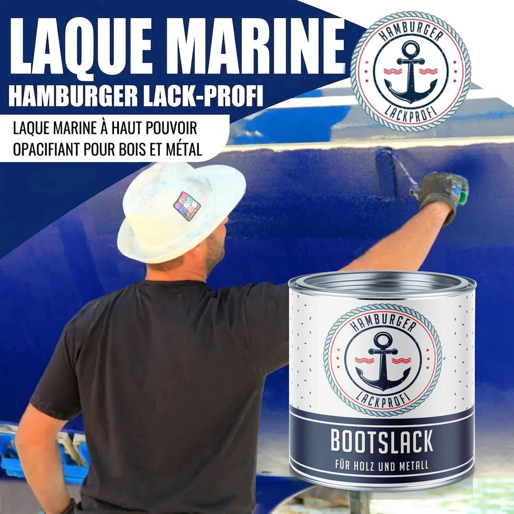 Peinture marine "Hamburger Lack-Profi" appliquée sur un bateau. Pot de "BOOTSLACK FÜR HOLZ UND METALL".