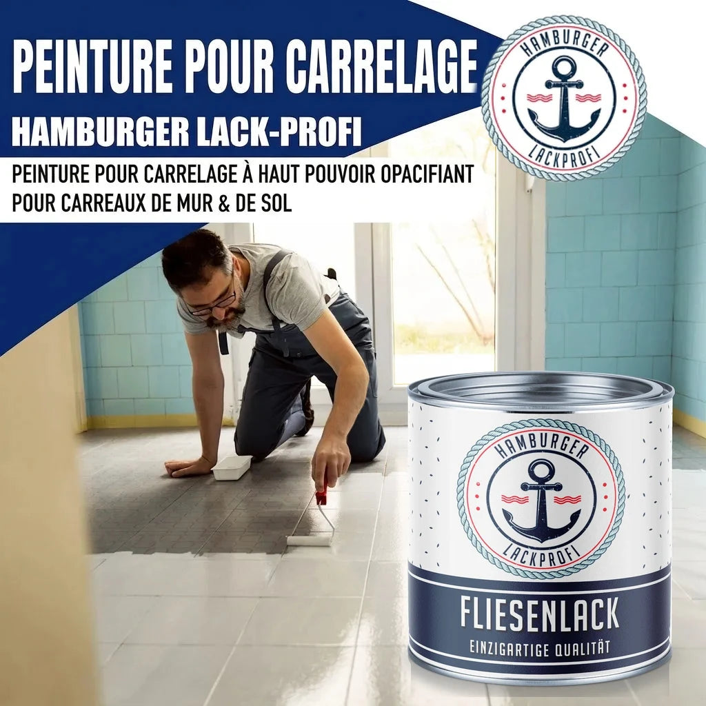 Peinture pour carrelage "Hamburger Lack-Profi". Un homme peint un sol. Pot de peinture "Fliesenlack".