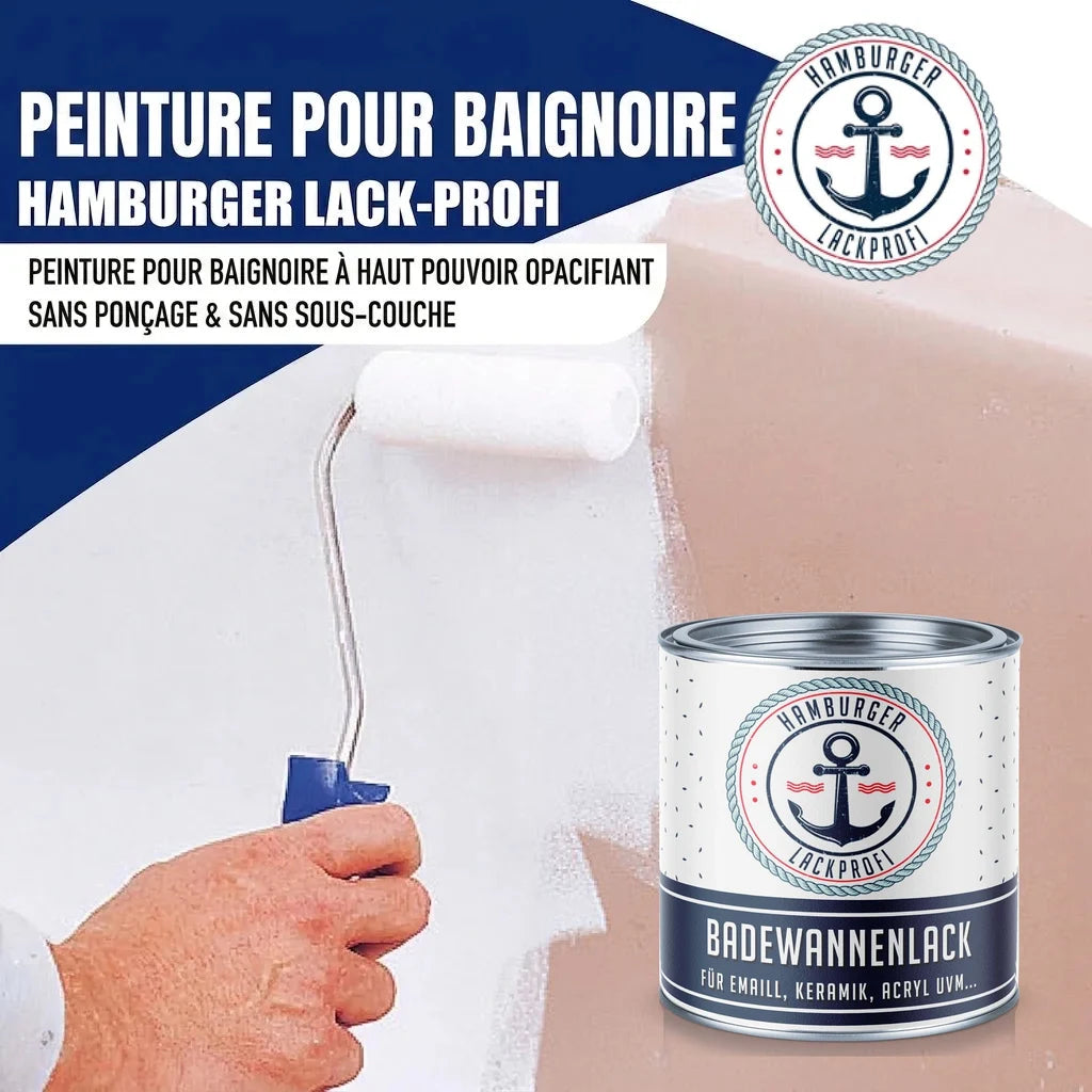 Peinture pour baignoire Hamburger Lack-Profi. Un homme peint une baignoire. Pot de peinture "BADEWANNENLACK".