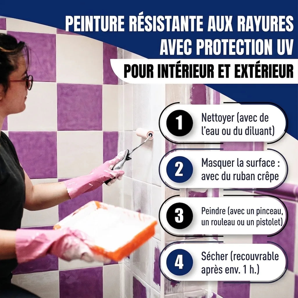 Femme peignant des carreaux de salle de bain. Instructions de peinture en allemand : nettoyer, masquer, peindre, sécher. Titre : Peinture an