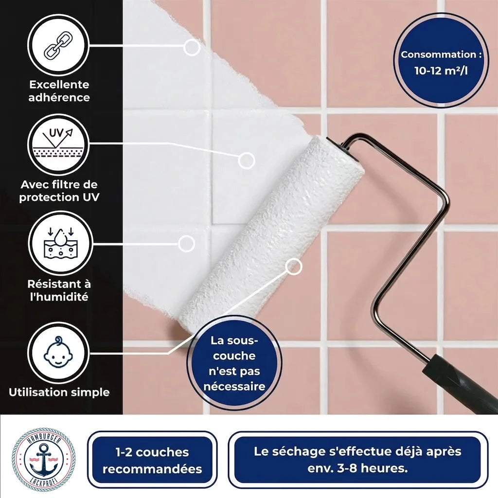 Peinture carrelage blanche. Forte adhérence, protection UV, résistant humidité, facile. Pas de primaire. Consommation 10-12m²/L, séchage 3-8