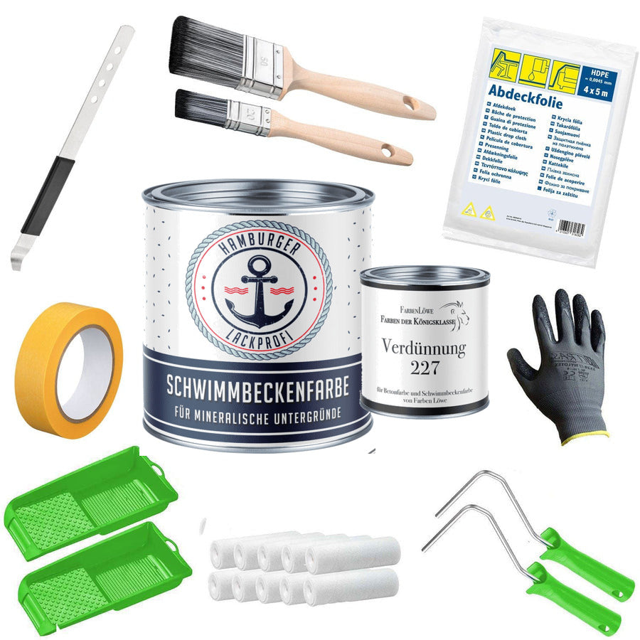 Schwimmbeckenfarbe Poolfarbe Rundumsorglos-Set (X500) inkl. Zubehör XXL - Hamburger Lack-Profi