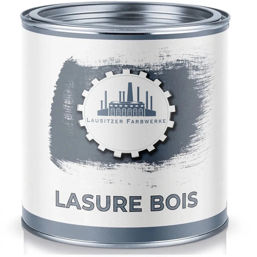 Pot de lasure pour bois grise avec étiquette blanche, logo d'usine, texte 'Lausitzer Farbwerke' et 'Holzlasur'.