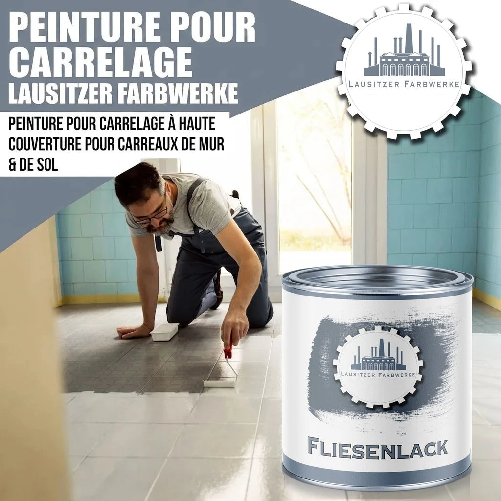Peinture pour carrelage Lausitzer Farbwerke. Homme peignant un sol, pot de peinture "FLIESENLACK".