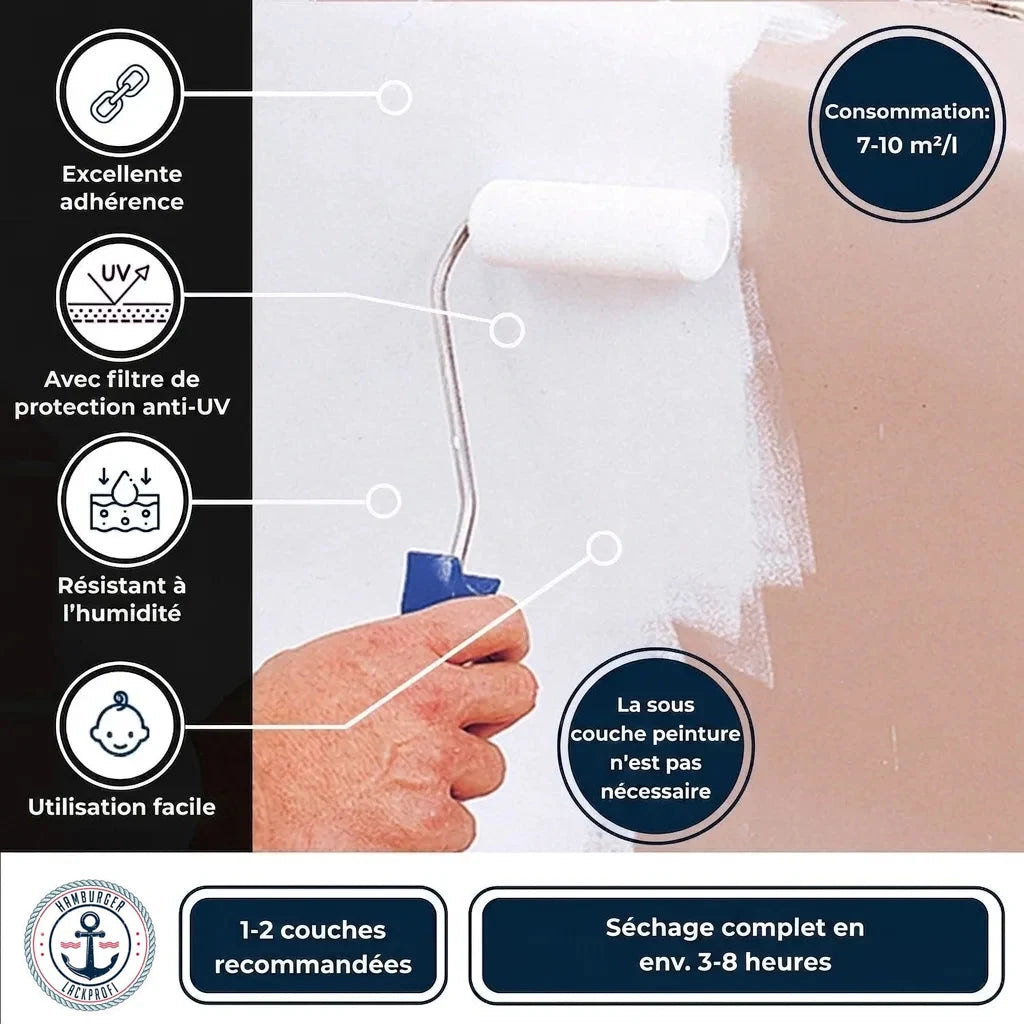 Peinture murale avec rouleau, soulignant adhérence, protection UV, résistance humidité, usage facile et séchage rapide.