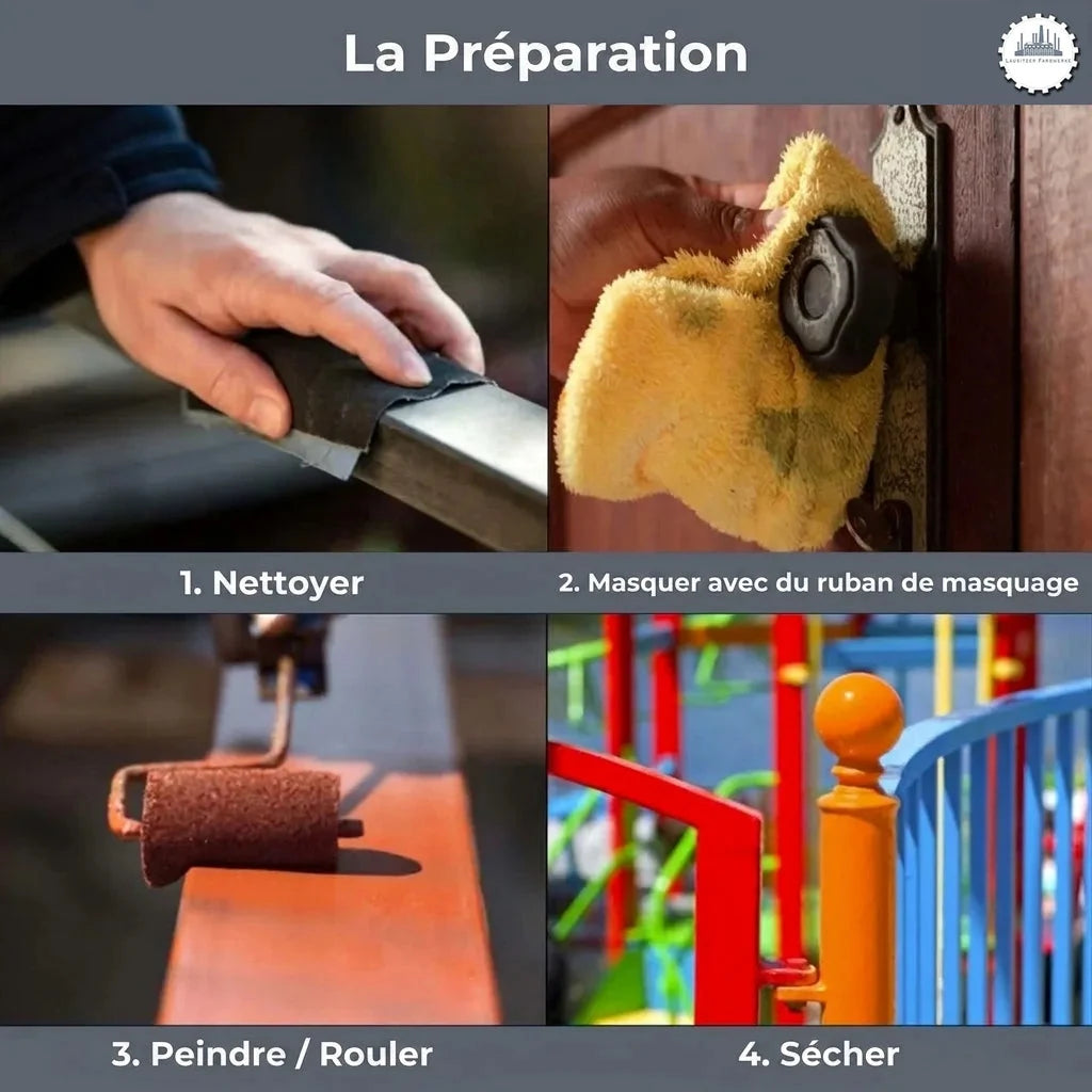 Étapes de préparation et de peinture d'une surface : nettoyage, masquage, application de peinture et séchage.